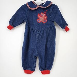 VTG Healthtex Baby Denim Romper One Piece Size 6-9 M‎ Embroidered Teddy Bear